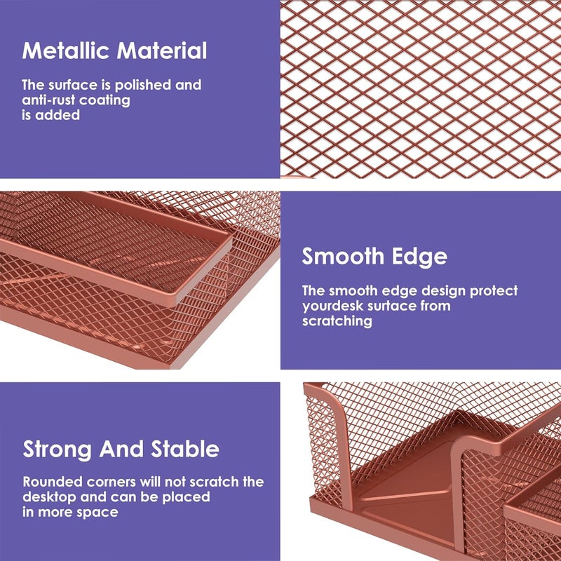windforgecraft Desk Organizer Set 6 Pieces Mesh Desk Pen Organizer Set Includes 3 Compartments Mesh Pencil Holder Round Mesh Pencil Cup Holder Pen Holder Cup Mesh Business Card Stand for Desk Accessories (Rose Gold) - Image 4
