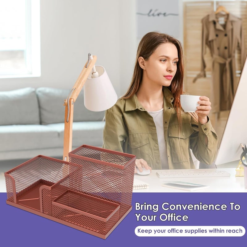 windforgecraft Desk Organizer Set 6 Pieces Mesh Desk Pen Organizer Set Includes 3 Compartments Mesh Pencil Holder Round Mesh Pencil Cup Holder Pen Holder Cup Mesh Business Card Stand for Desk Accessories (Rose Gold) - Image 3