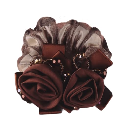 Melodio® Black Rose Flower Lace Hair Bands Sparkling Crystal Pearl Elastic Hair Rope Flower Headpieces Women Girls Hair Accessories (Brown) - Image 1