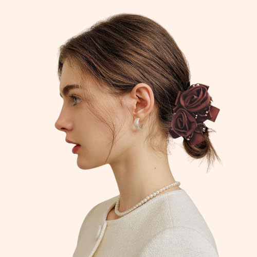 Melodio® Black Rose Flower Lace Hair Bands Sparkling Crystal Pearl Elastic Hair Rope Flower Headpieces Women Girls Hair Accessories (Brown) - Image 5