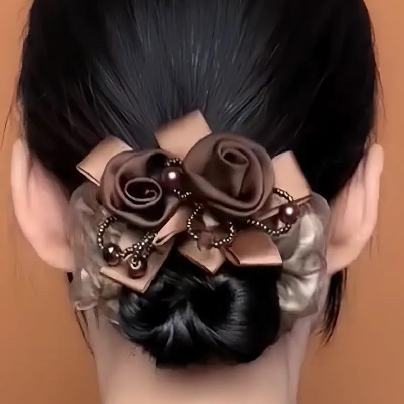 Melodio® Black Rose Flower Lace Hair Bands Sparkling Crystal Pearl Elastic Hair Rope Flower Headpieces Women Girls Hair Accessories (Brown) - Image 2