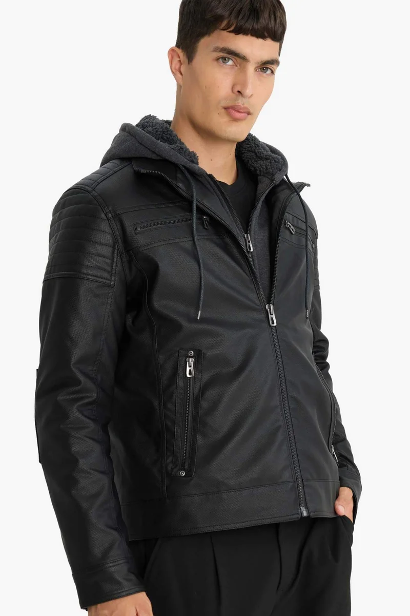 ديفاكتو Waterproof Slim Fit Detachable Hooded Plush Lined Faux Leather Jacket