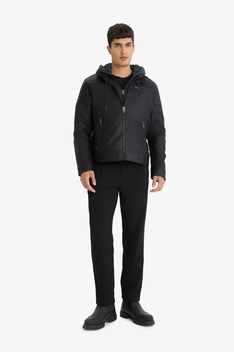 ديفاكتو Waterproof Slim Fit Detachable Hooded Plush Lined Faux Leather Jacket