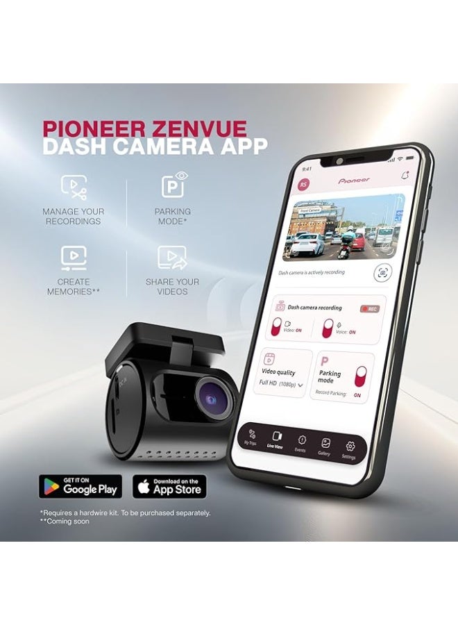 Pioneer Car Dash Camera VREC-H120SC | Super Compact Design | App Support |1296p Resolution | Wide Field of View | Wi-Fi |G-sensor | Emergency Recording | microSD Card support Upto 128GB - Image 5