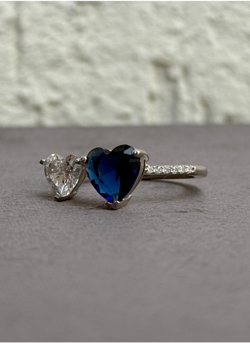 Al Kasr Jewelry - Heart Duo Ring - Adjustable Size - Sterling Silver 925 with Blue and White Zircon Stones - Plated Rhodium White Gold 18K - Image 1