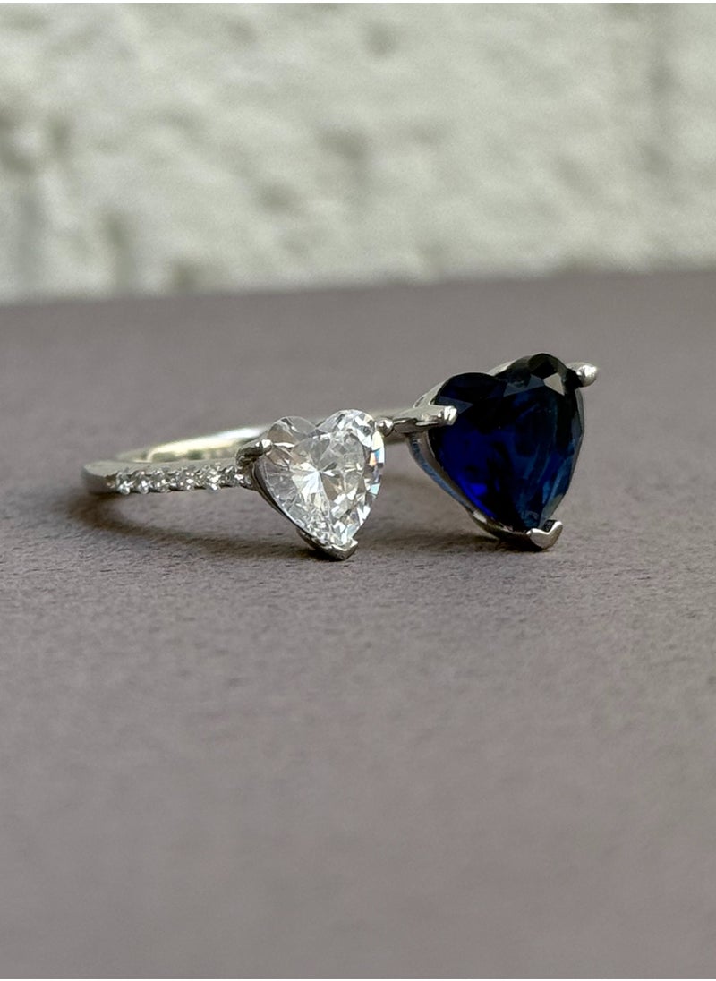 Al Kasr Jewelry - Heart Duo Ring - Adjustable Size - Sterling Silver 925 with Blue and White Zircon Stones - Plated Rhodium White Gold 18K - Image 1