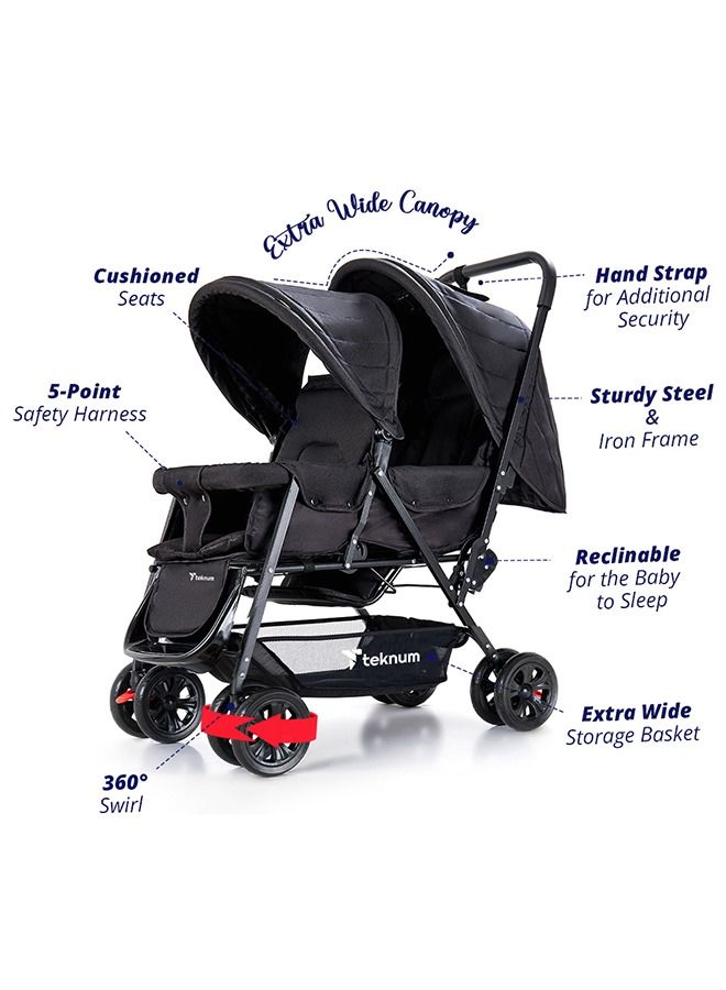 TEKNUM Double Baby Stroller with Hooks - Black - Image 2