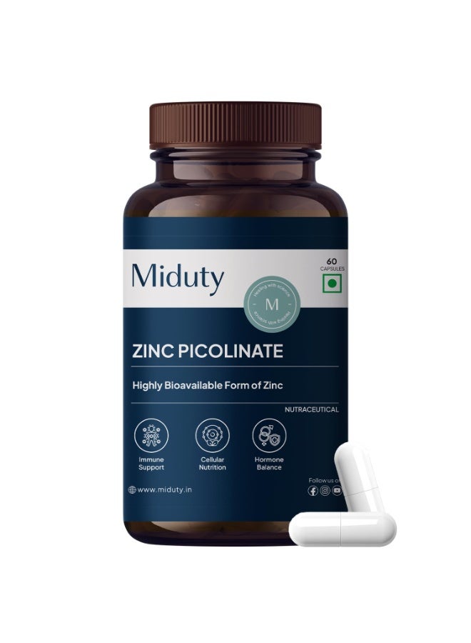Miduty Zinc Picolinate 50 mg - High-Absorption Chelated Zinc Supplement - Immune Support, Skin & Hair Health - Supports overall wellness, Muscle Strength & Metabolism- For Men & Women - 60 Capsules - Image 1