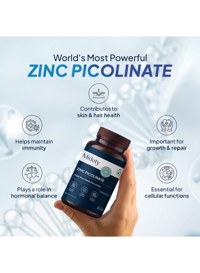 Miduty Zinc Picolinate 50 mg - High-Absorption Chelated Zinc Supplement - Immune Support, Skin & Hair Health - Supports overall wellness, Muscle Strength & Metabolism- For Men & Women - 60 Capsules - Image 4
