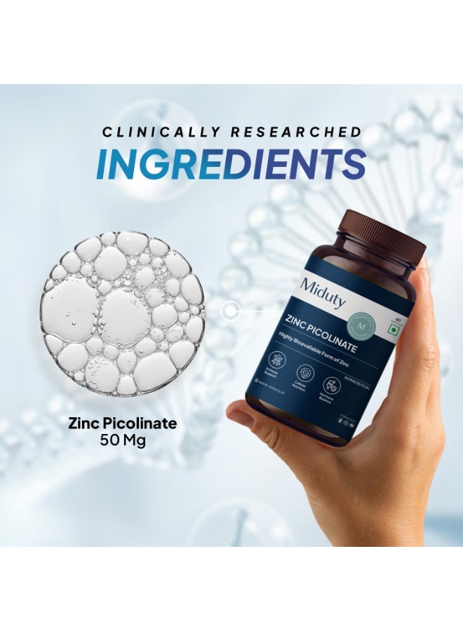 Miduty Zinc Picolinate 50 mg - High-Absorption Chelated Zinc Supplement - Immune Support, Skin & Hair Health - Supports overall wellness, Muscle Strength & Metabolism- For Men & Women - 60 Capsules - Image 2
