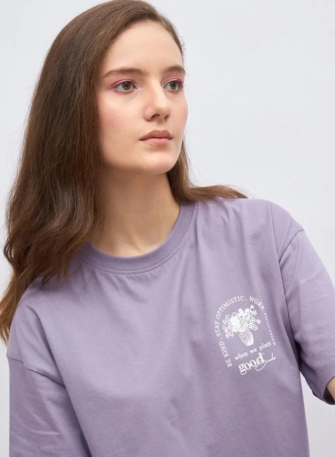 Styli Round Neck Printed Oversized 100% Cotton T-Shirt