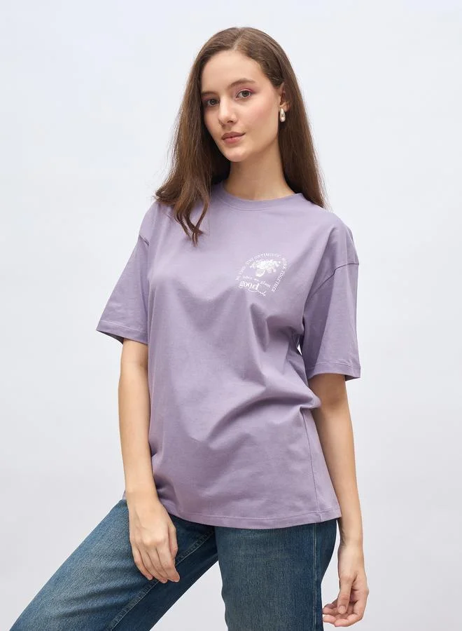 Styli Round Neck Printed Oversized 100% Cotton T-Shirt