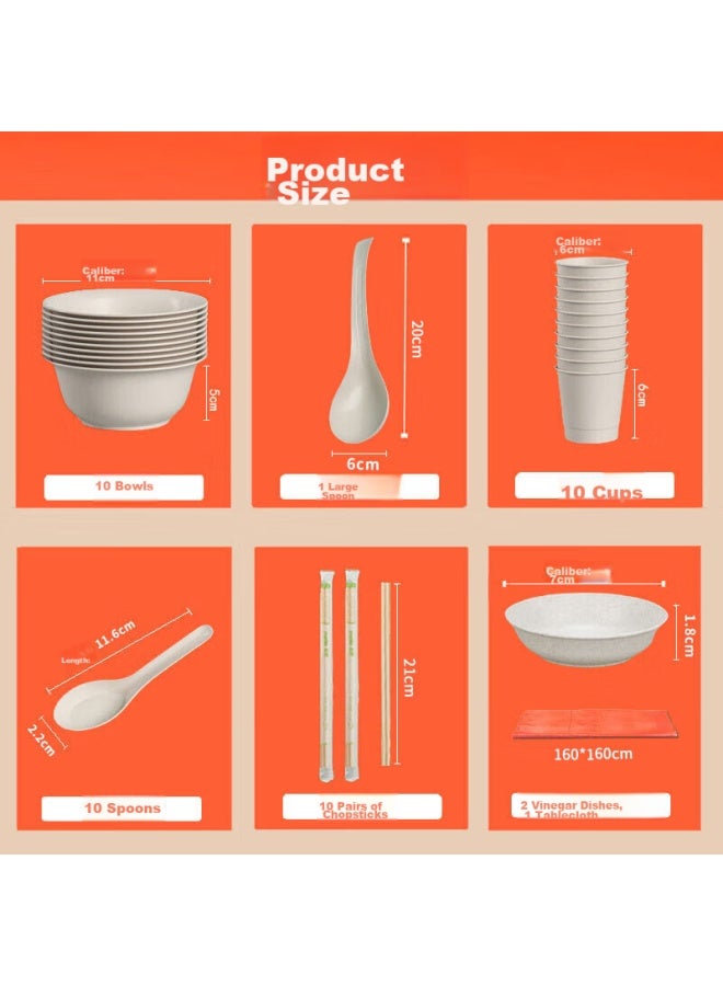 Mengting Disposable Tableware Set For Picnic And Camping: Plates, Bowls, Chopsticks, Cups, Spoons, And Tablecloth For 10 People - Image 1