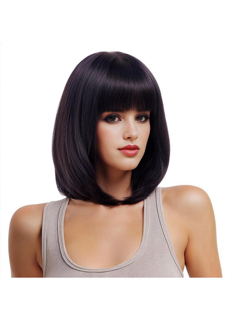 Rugelyss - Rugelyss Black Short Straight Bob Wig with Bangs 12 Inches Synthetic Hair Wigs for Women and Girls with Wig Cap - Image 1