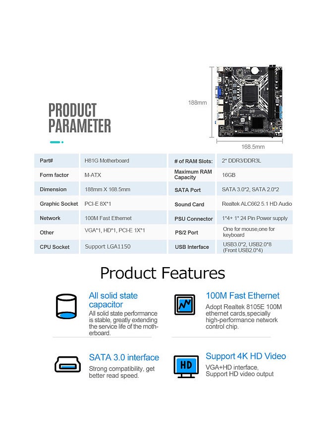 JINGSHA H81G Computer Motherboard Gaming Mainboard Dual-channel DDR3 Memory Slots 100M Network Card Support LGA1150 CPU