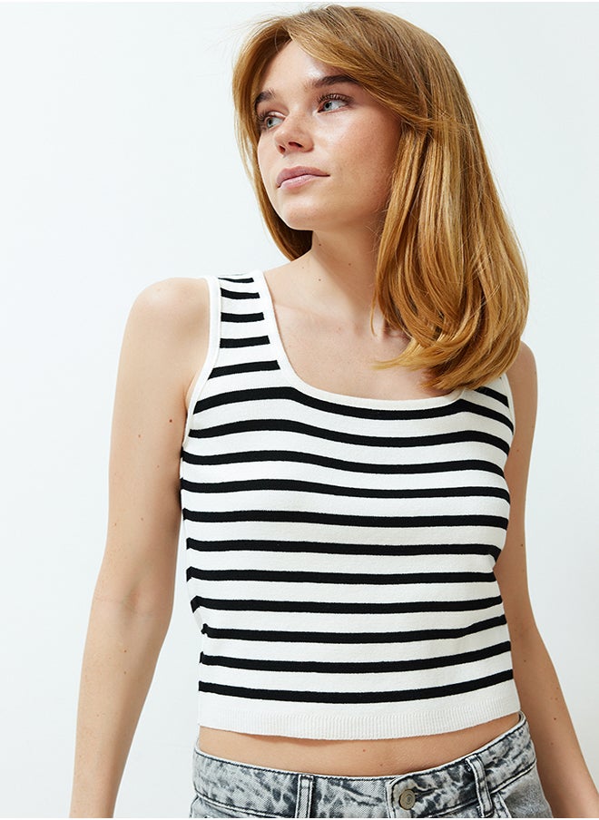 trendyol - Black Premium Yarn/Special Yarn Striped Square Neck Knitwear Blouse TWOSS24BZ00373 - Image 1
