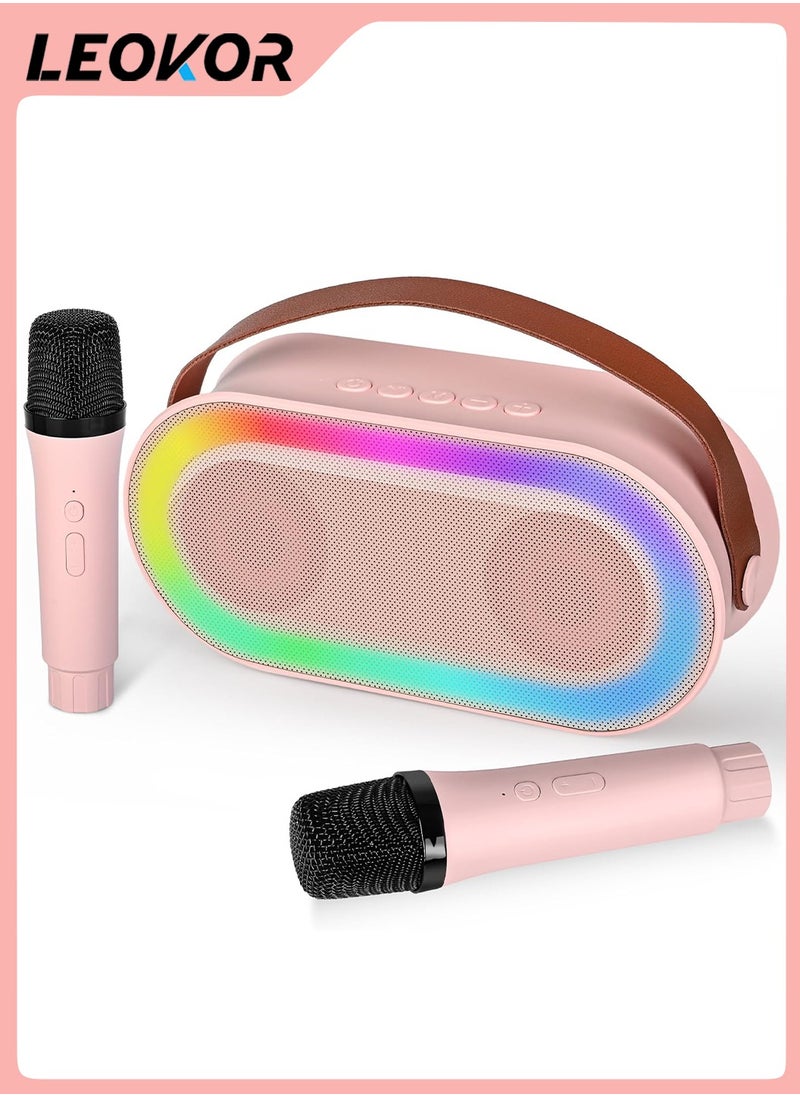 LEOKOR Mini Portable Karaoke Speaker Kits,Wireless Karaoke Speaker with 2 Pack Wireless Microphone,for Home Outdoor Party Pink  - Image 1