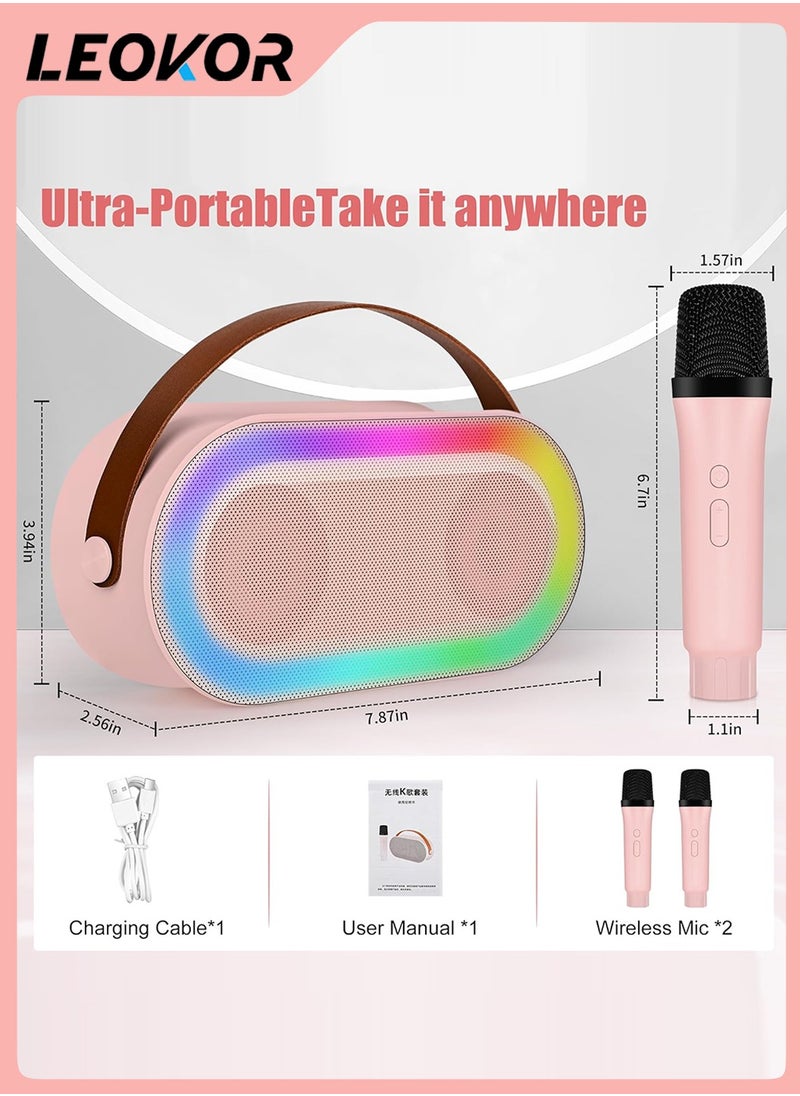 LEOKOR Mini Portable Karaoke Speaker Kits,Wireless Karaoke Speaker with 2 Pack Wireless Microphone,for Home Outdoor Party Pink  - Image 3