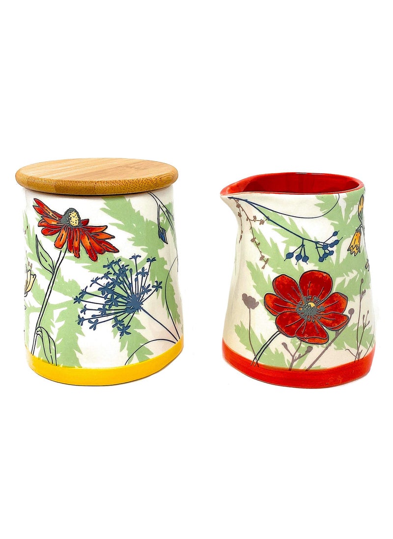 Transpac Set of Sugar  Creamer Server Ceramic Floral Design Kitchen Functional Decor Sugar  Creamer Set 