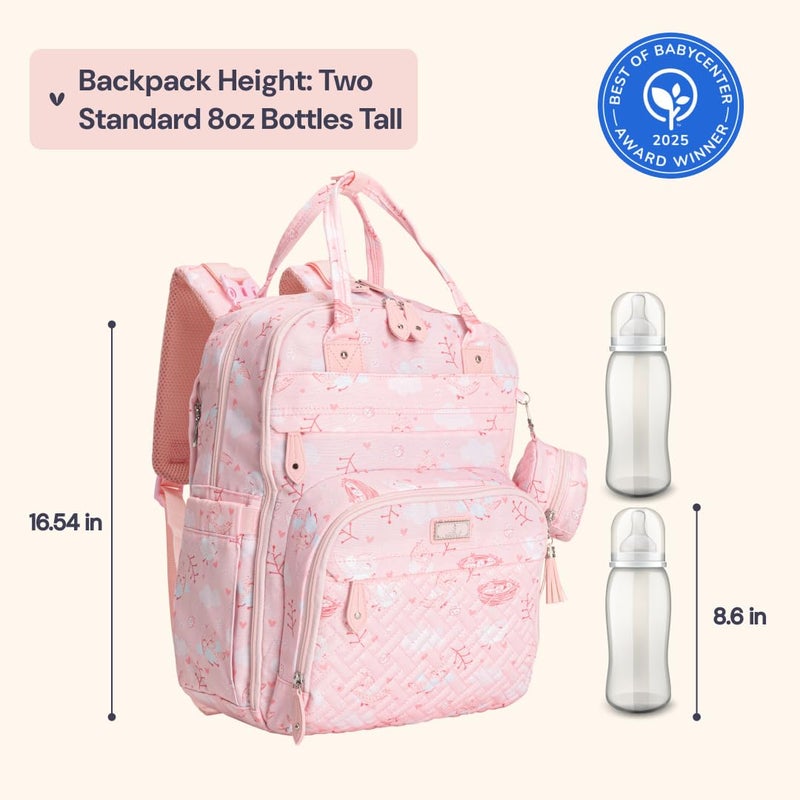 BabbleRoo Diaper Bag Backpack - Baby Essentials Travel Tote - Multi Function Water Resistant Diaper Bag, Travel Essentials Baby Bag with Changing Pad, Stroller Straps & Pacifier Case - Pink Birdy - Image 2