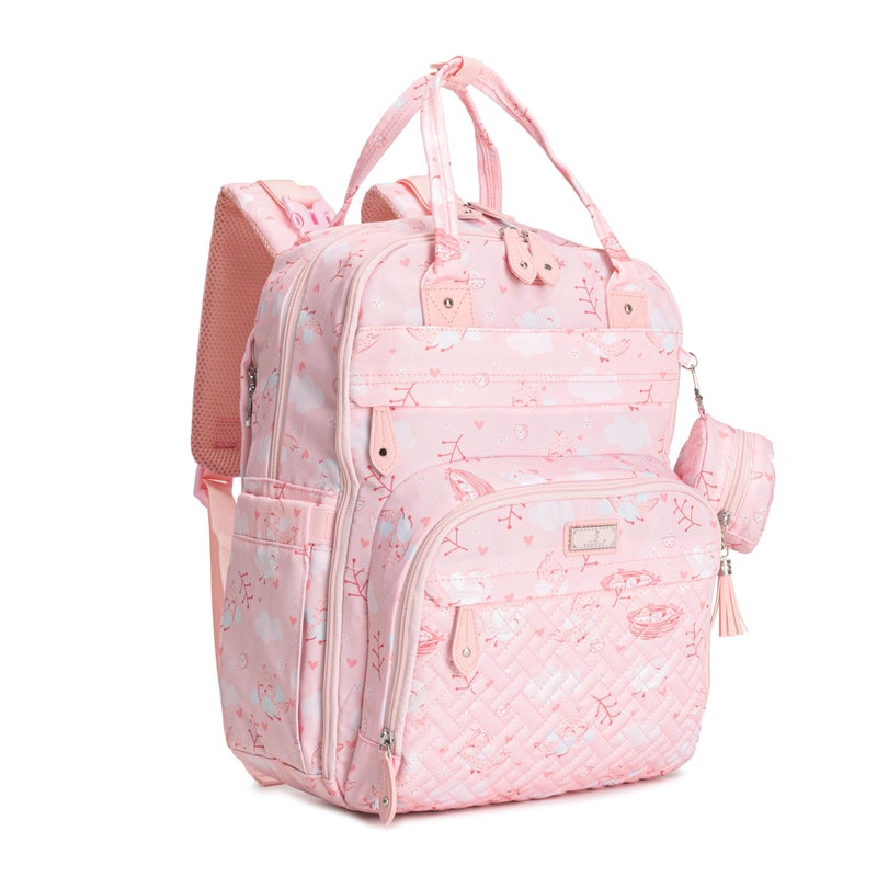 BabbleRoo Diaper Bag Backpack - Baby Essentials Travel Tote - Multi Function Water Resistant Diaper Bag, Travel Essentials Baby Bag with Changing Pad, Stroller Straps & Pacifier Case - Pink Birdy - Image 1
