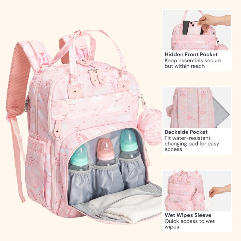BabbleRoo Diaper Bag Backpack - Baby Essentials Travel Tote - Multi Function Water Resistant Diaper Bag, Travel Essentials Baby Bag with Changing Pad, Stroller Straps & Pacifier Case - Pink Birdy - Image 5