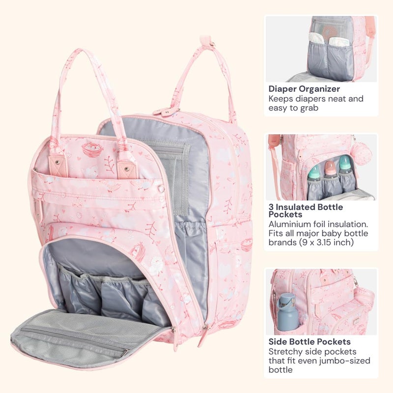 BabbleRoo Diaper Bag Backpack - Baby Essentials Travel Tote - Multi Function Water Resistant Diaper Bag, Travel Essentials Baby Bag with Changing Pad, Stroller Straps & Pacifier Case - Pink Birdy - Image 4