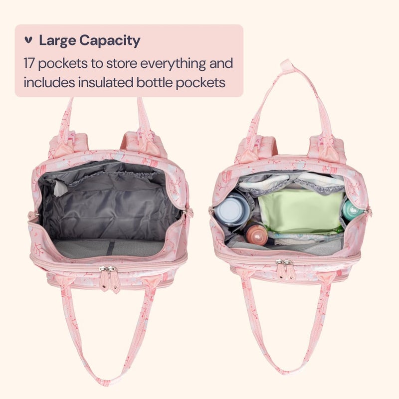 BabbleRoo Diaper Bag Backpack - Baby Essentials Travel Tote - Multi Function Water Resistant Diaper Bag, Travel Essentials Baby Bag with Changing Pad, Stroller Straps & Pacifier Case - Pink Birdy - Image 3