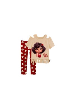 A girls' set, a beige T-shirt with a drawing on it and red and beige pants