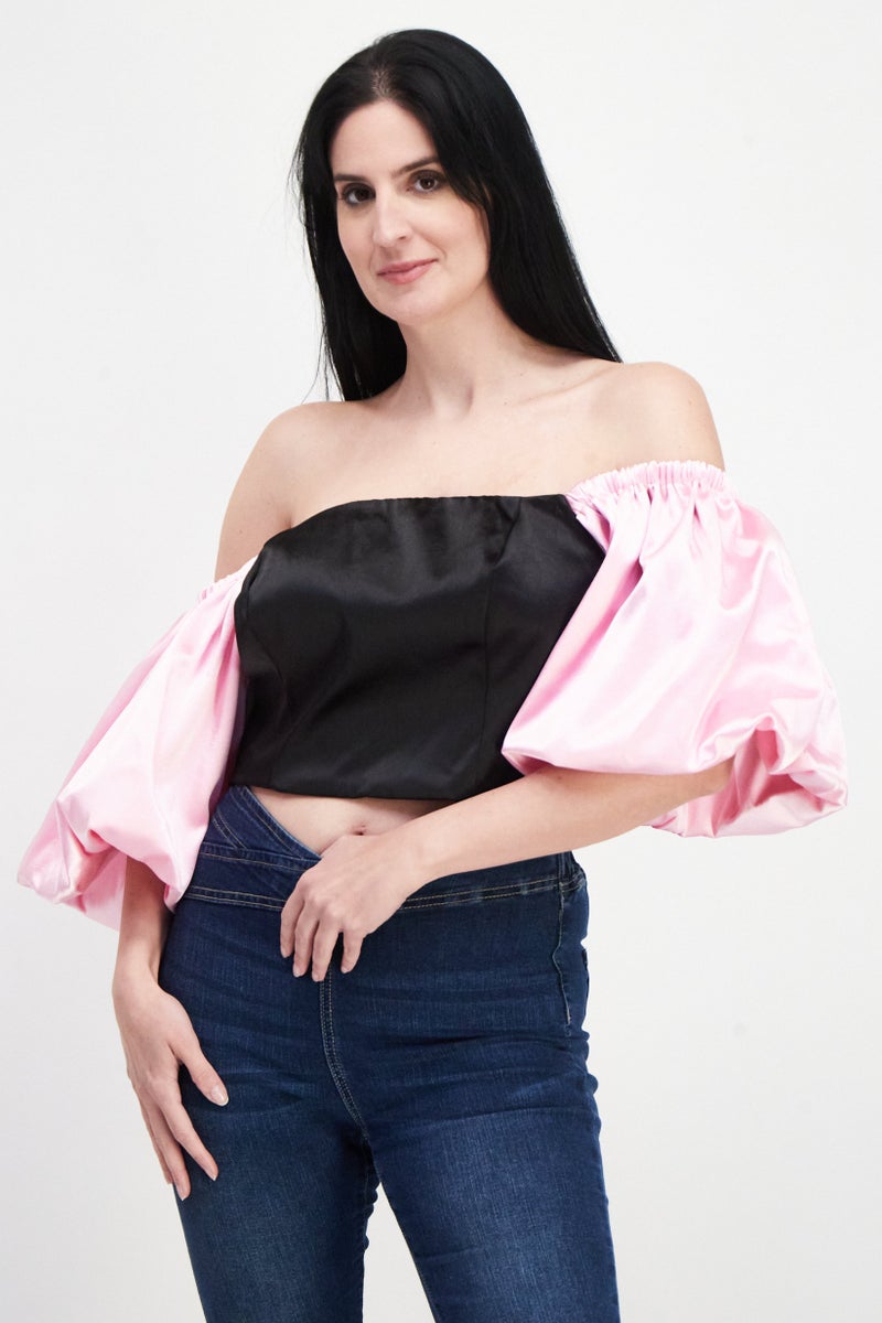 RIVER ISLAND Women Square Neck Puff Sleeve Two Tone Top, Black - Image 1