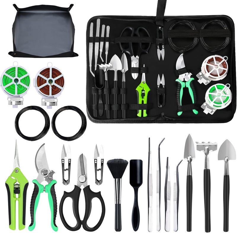 Taschyas مجموعة أدوات شجرة البونساي، 20 قطعة من أدوات البونساي، مجموعة أدوات البونساي، مجموعة العصارة تشمل حصيرة إعادة زراعة النبات، سلك البونساي، مقص البونساي، مقصات التقليم، هدية عيد ميلاد فريدة للبستنة الداخلية - Image 1