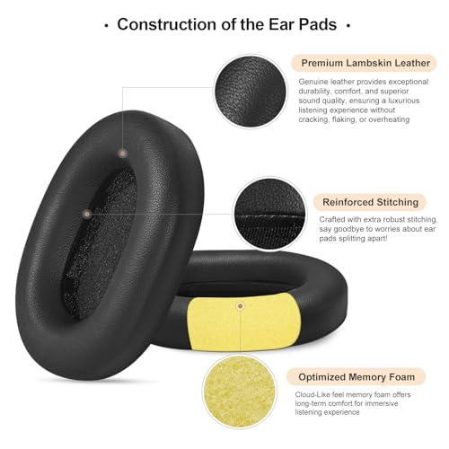 Aurivor Genuine Leather Ear Pads Cushions for Sony XM5 Noise Canceling Headphones, Premium WH-1000XM5 Replacement Earpads Covers with Soft Lambskin Leather, Optimized Memory Foam (Lambskin-Black) - Image 4