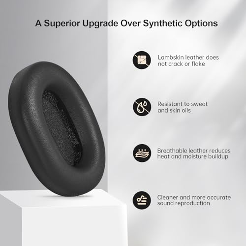Aurivor Genuine Leather Ear Pads Cushions for Sony XM5 Noise Canceling Headphones, Premium WH-1000XM5 Replacement Earpads Covers with Soft Lambskin Leather, Optimized Memory Foam (Lambskin-Black) - Image 3