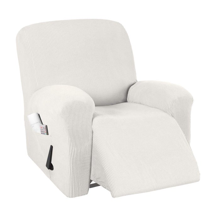 STRETCH RECLINER CHAIR COVER RECLINER SLIPCOVER 1 PIECE FURNITURE PROTECTOR WITH ELASTIC BOTTOM CHAIR SLIPCOVER WITH SIDE POCKET THICK SOFT SMALL CHECKED JACQUARD CHAIR COVER OFF WHITE