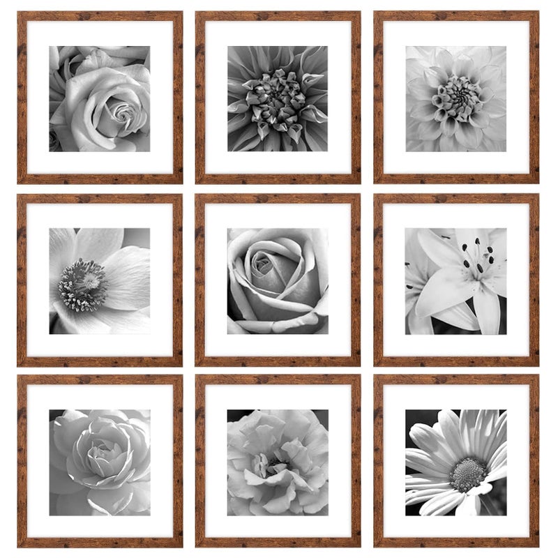 eletecpro 12x12 Picture Frames Set of 9 Classic Gallery Wall Frame Set Displays 8x8 Photo with Mat or 12x12 without Mat Square Frames Farmhouse Wall Decor Rustic Brown Home Decor for Hanging