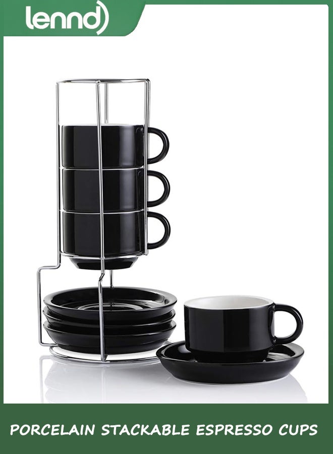 لينند أكواب إسبريسو السيراميكية مع أطباق ، 4 أوقية أكواب كابوتشينو قابلة للتراكم مع موقف معدني لمشروبات القهوة واللاتي والشاي - مجموعة من 4 (أسود) - Image 1