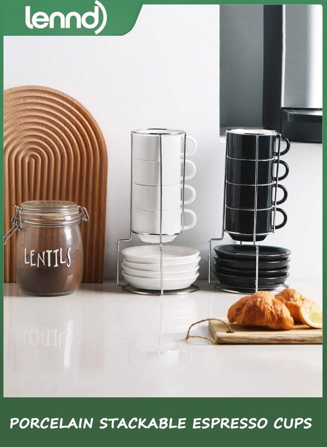 لينند أكواب إسبريسو السيراميكية مع أطباق ، 4 أوقية أكواب كابوتشينو قابلة للتراكم مع موقف معدني لمشروبات القهوة واللاتي والشاي - مجموعة من 4 (أسود) - Image 5