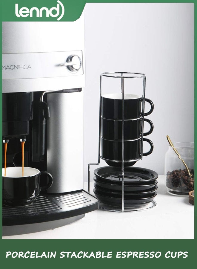 لينند أكواب إسبريسو السيراميكية مع أطباق ، 4 أوقية أكواب كابوتشينو قابلة للتراكم مع موقف معدني لمشروبات القهوة واللاتي والشاي - مجموعة من 4 (أسود) - Image 3