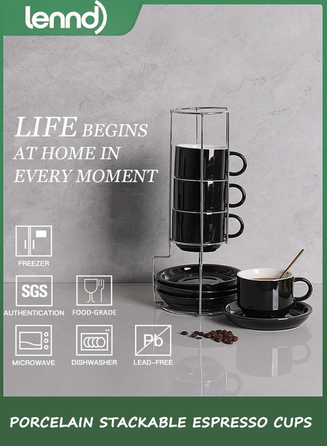 لينند أكواب إسبريسو السيراميكية مع أطباق ، 4 أوقية أكواب كابوتشينو قابلة للتراكم مع موقف معدني لمشروبات القهوة واللاتي والشاي - مجموعة من 4 (أسود) - Image 2