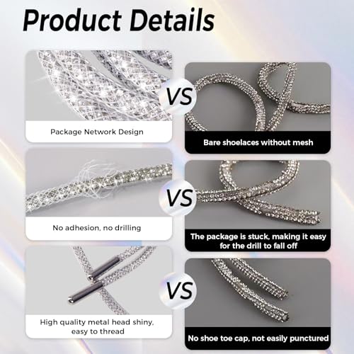 AxiyanX Rhinestone Glitter Rope 47in Sparkly Shoelaces for Sneakers, 2PCS round Shoe Laces Replacement Drawstring Cords for Women Men (white, 47in) - Image 3