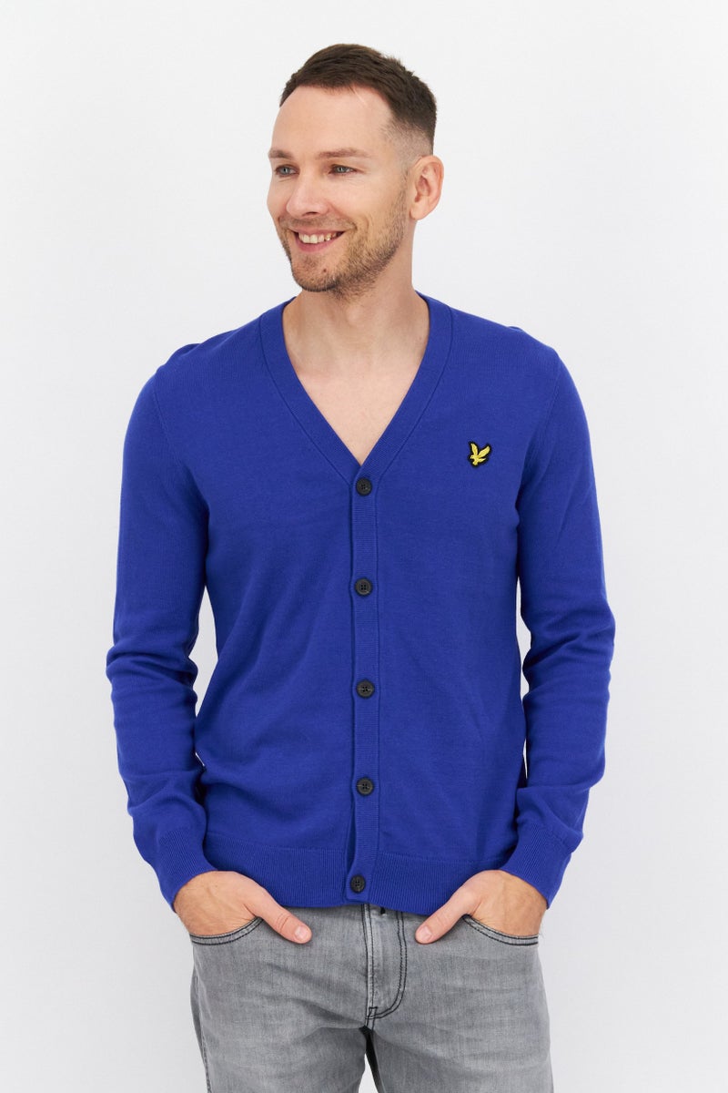 Lyle & Scott كارديجان رجالي بأكمام طويلة على شكل حرف V مع شعار العلامة التجارية، أزرق - Image 1