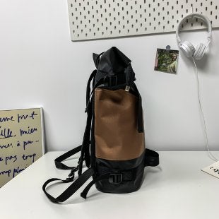 Korean style street fashion backpack new roll-up fashion personalized backpack mens large capacity waterproof College student schoolbag Brown 