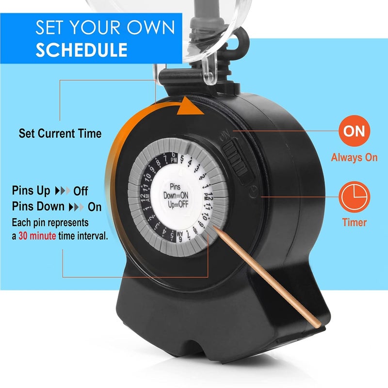 Clear Power Outdoor 24-Hour Mechanical Timer, 2 Grounded Outlets, 6 Inch Power Cord, Flat Grounded Plug, for Christmas Lights & Holiday Decorations DCOT-0005-DC - Image 3