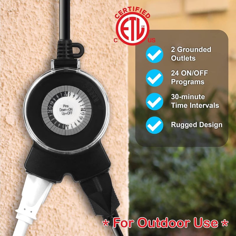 Clear Power Outdoor 24-Hour Mechanical Timer, 2 Grounded Outlets, 6 Inch Power Cord, Flat Grounded Plug, for Christmas Lights & Holiday Decorations DCOT-0005-DC - Image 4