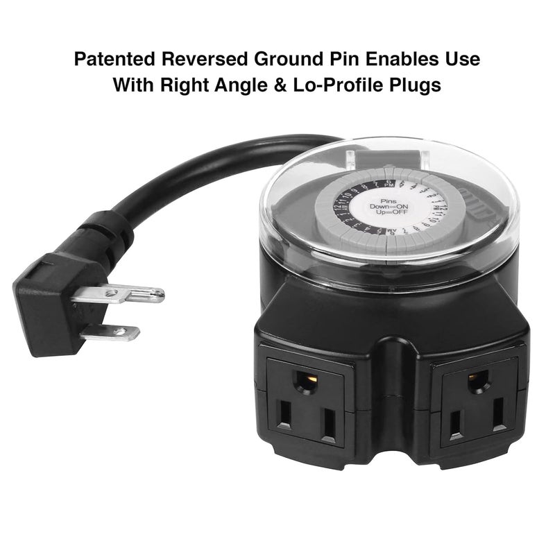 Clear Power Outdoor 24-Hour Mechanical Timer, 2 Grounded Outlets, 6 Inch Power Cord, Flat Grounded Plug, for Christmas Lights & Holiday Decorations DCOT-0005-DC - Image 2