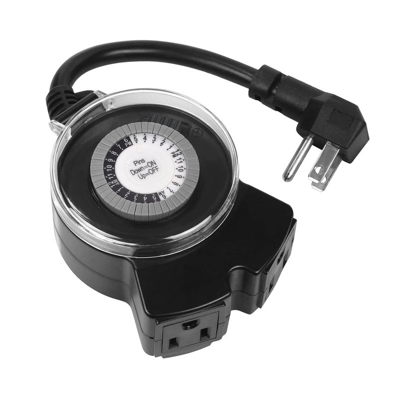 Clear Power Outdoor 24-Hour Mechanical Timer, 2 Grounded Outlets, 6 Inch Power Cord, Flat Grounded Plug, for Christmas Lights & Holiday Decorations DCOT-0005-DC - Image 1