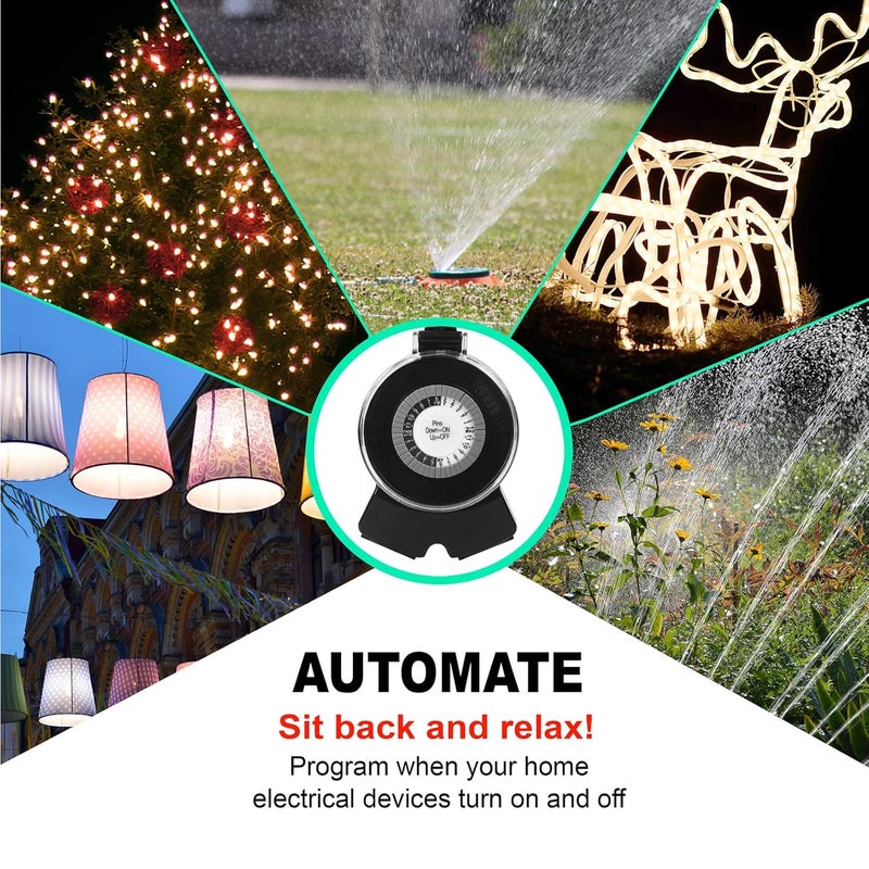 Clear Power Outdoor 24-Hour Mechanical Timer, 2 Grounded Outlets, 6 Inch Power Cord, Flat Grounded Plug, for Christmas Lights & Holiday Decorations DCOT-0005-DC - Image 5