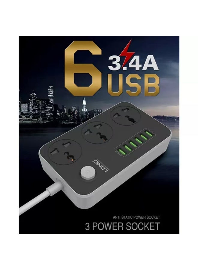 2 Meter 9 in 1 Universal Extension Cord with 3 Power Socket and 6 USB Slots, 3 Way Power Strip with USB type Charging slot, for home & office use Extension Lead 2M - Image 1