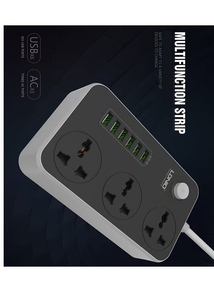 2 Meter 9 in 1 Universal Extension Cord with 3 Power Socket and 6 USB Slots, 3 Way Power Strip with USB type Charging slot, for home & office use Extension Lead 2M - Image 4