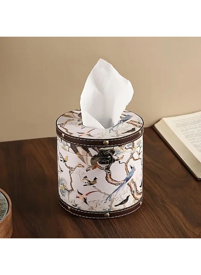 Round Tissue Box Magpie on Branch Retro Wood Grain Desktop Storage for Living Room Bathroom Kitchen - Image 1